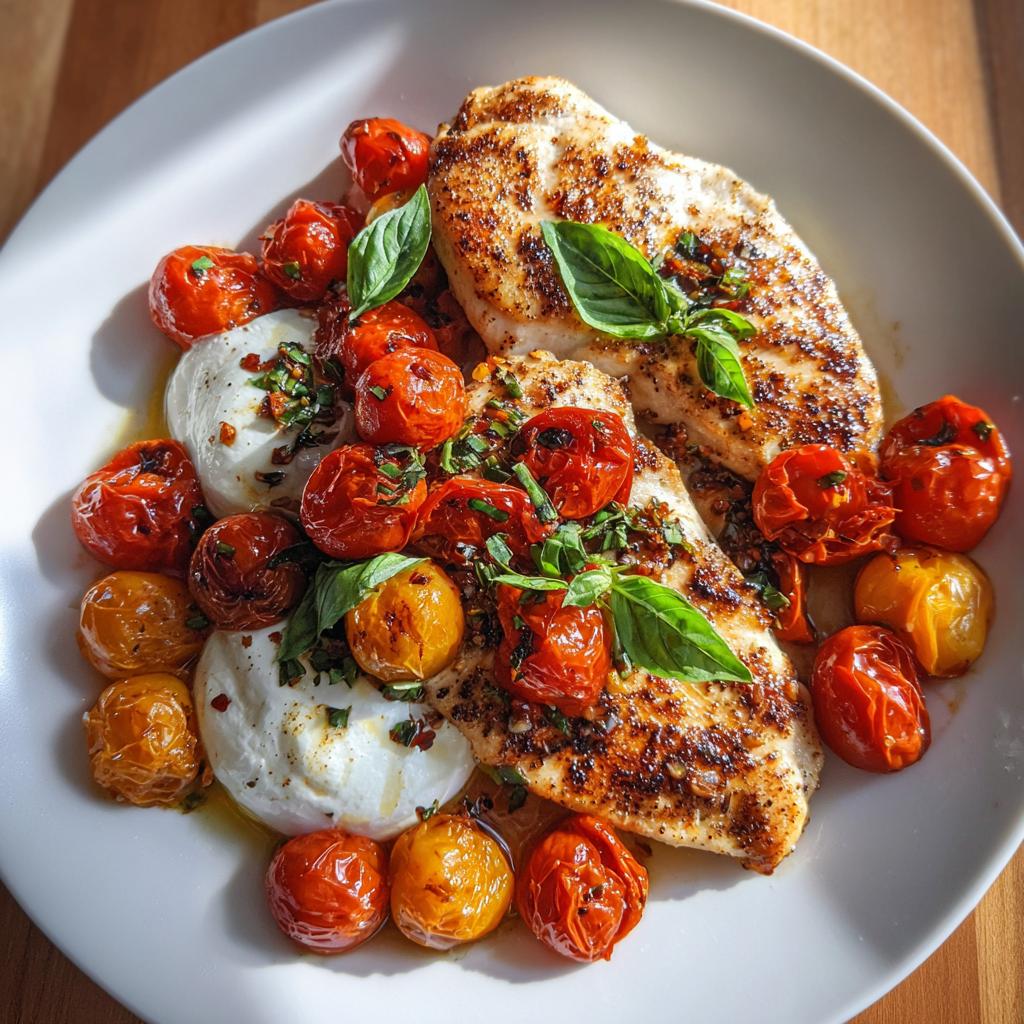 Juicy chicken fillets with oven-baked tomatoes and creamy burrata