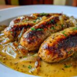 Juicy chicken sausages bathed in creamy onion gravy – easy, quick, & so delicious!