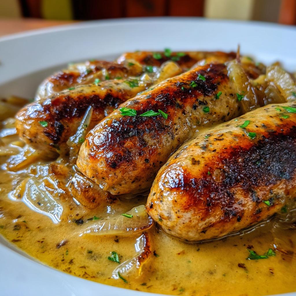 Juicy chicken sausages bathed in creamy onion gravy – easy, quick, & so delicious!