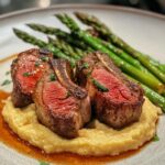 Lamb chops over lobster puree with asparagus