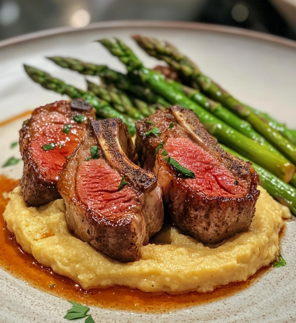 Lamb chops over lobster puree with asparagus