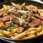 One-Skillet Spicy Garlic Butter Parmesan Steak Pasta