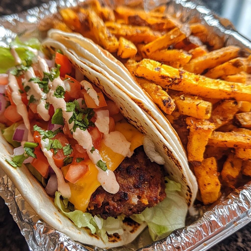 Smash Burger Taco with Sweet Potato Fries