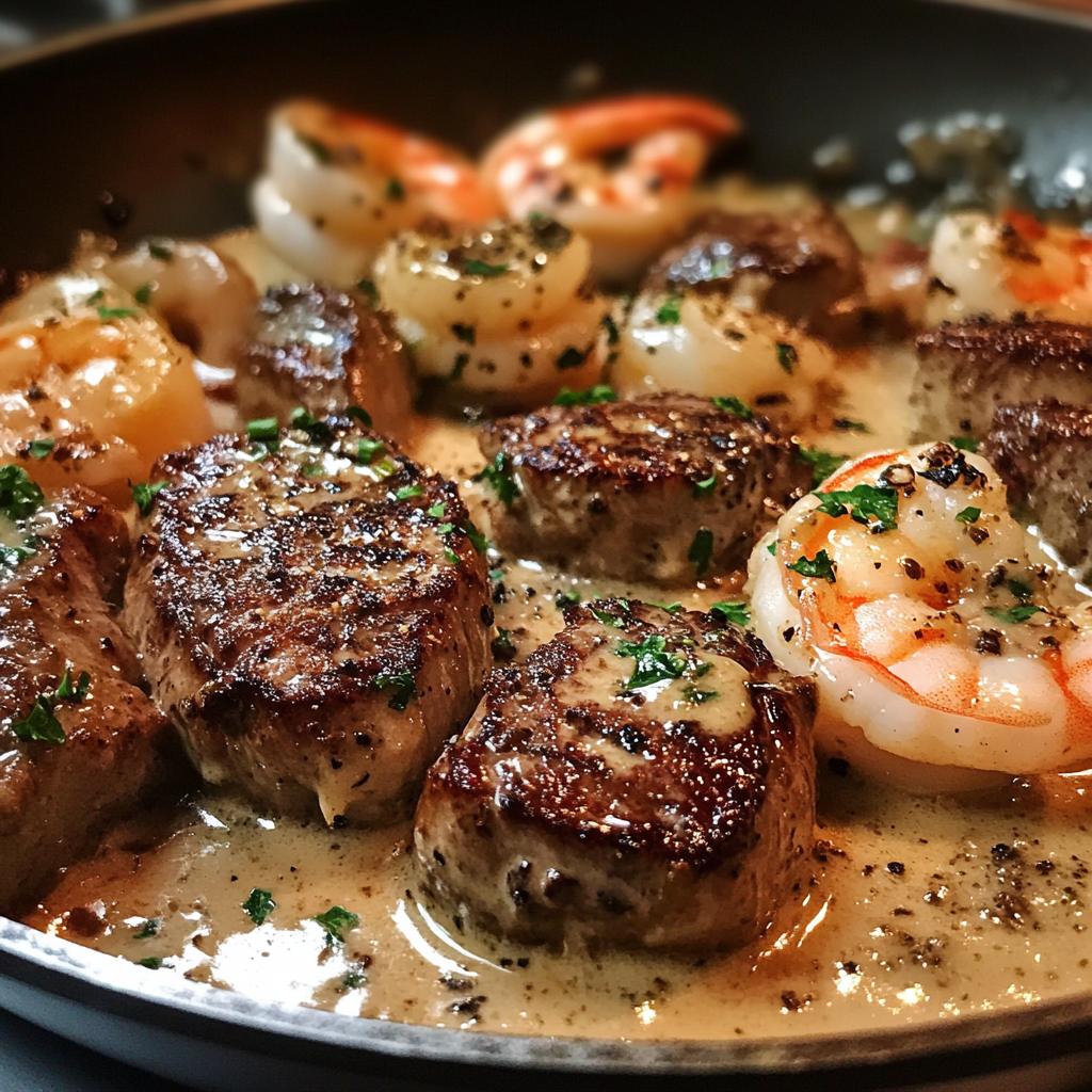 Steak and Seafood Pan with Garlic Parmesan Cream Sauce
