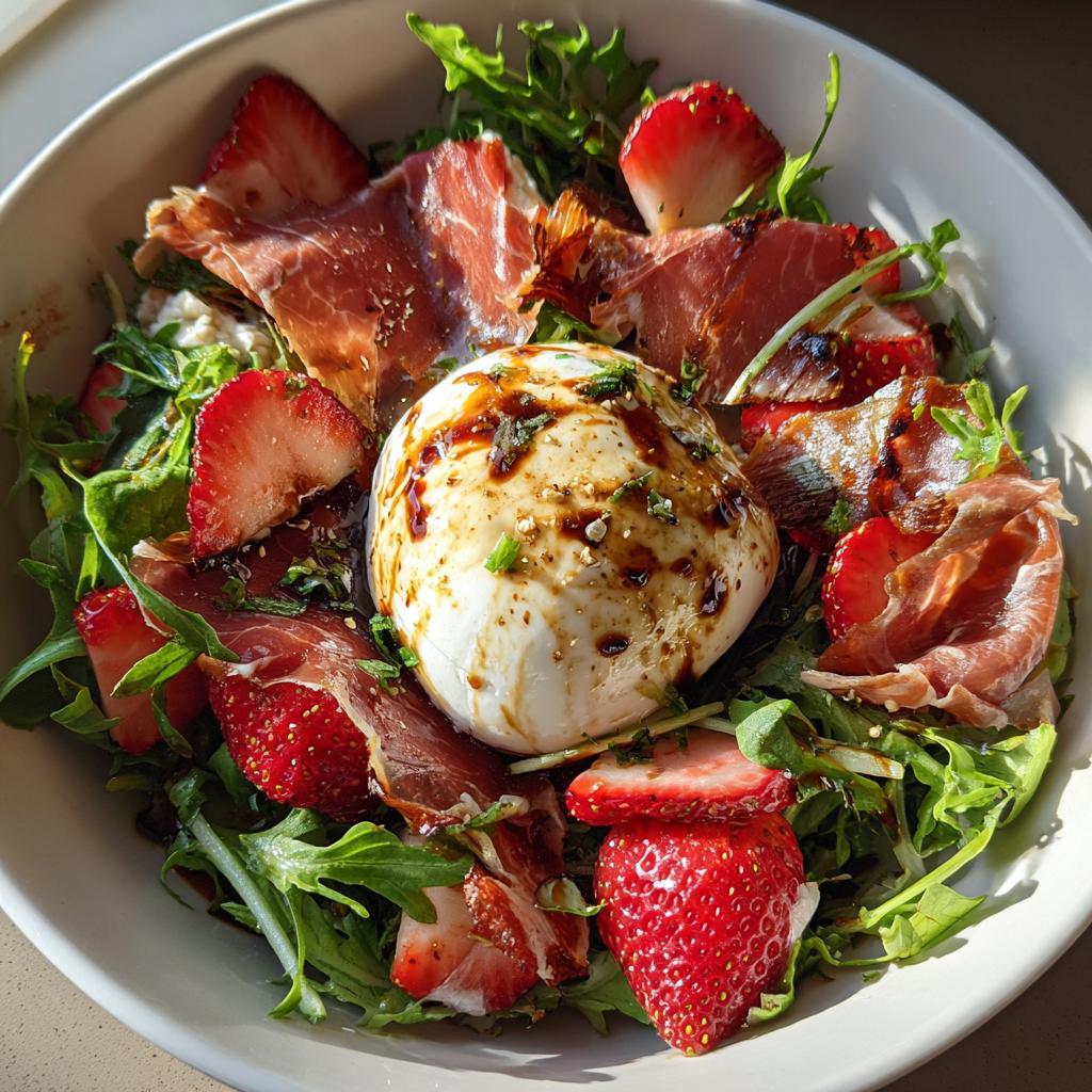 Strawberry, Prosciutto, and Burrata Salad with Balsamic and Maple Dressing