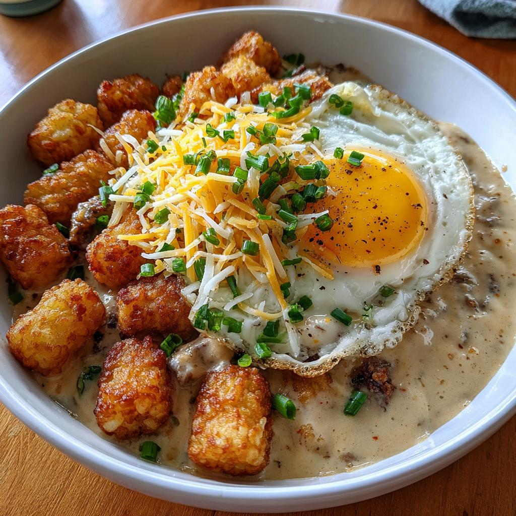 Tater Tot Breakfast Bowl with Sausage Gravy Recipe Easy & Hearty