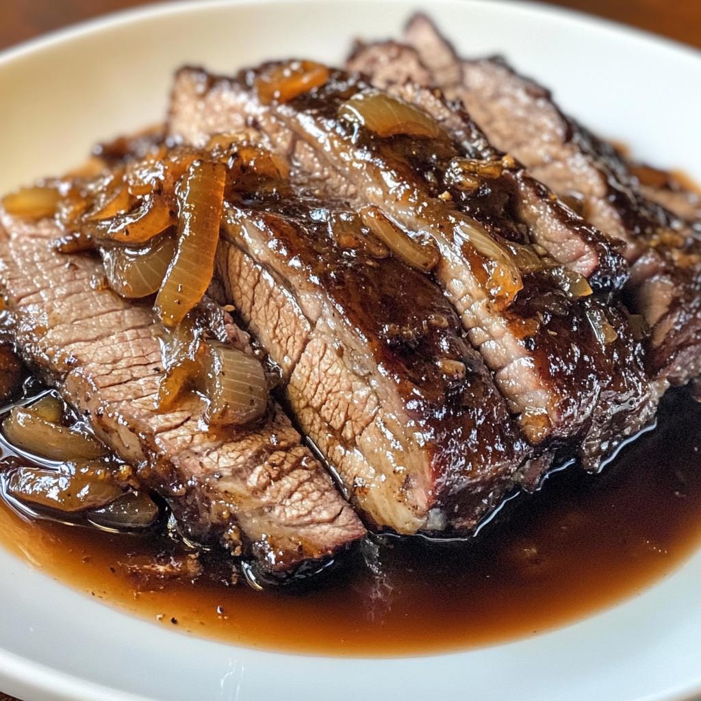 Tender beef brisket in an aromatic balsamic onion sauce