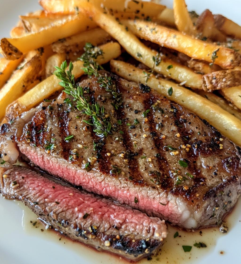 Tender ribeye steak in aromatic garlic butter with crispy fries - detail 1