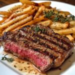 Tender ribeye steak in aromatic garlic butter with crispy fries