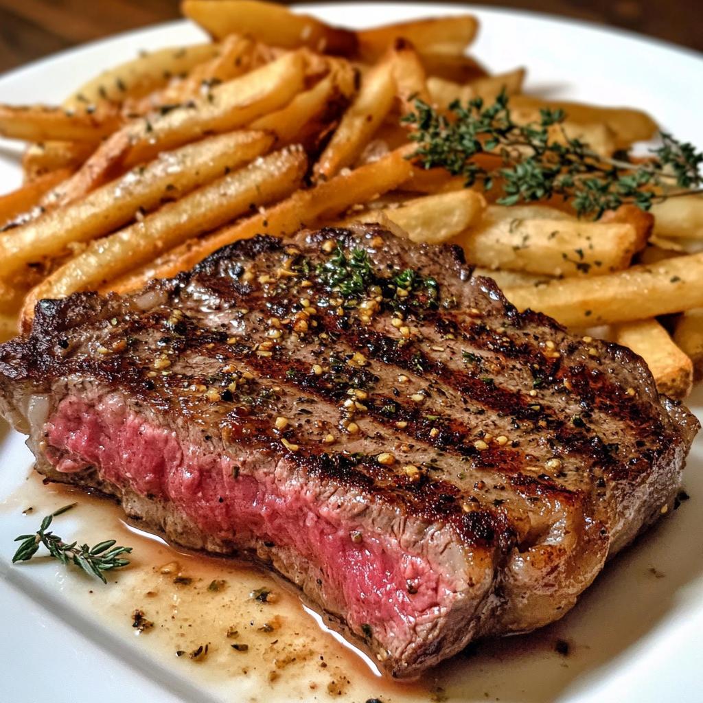 Tender ribeye steak in aromatic garlic butter with crispy fries