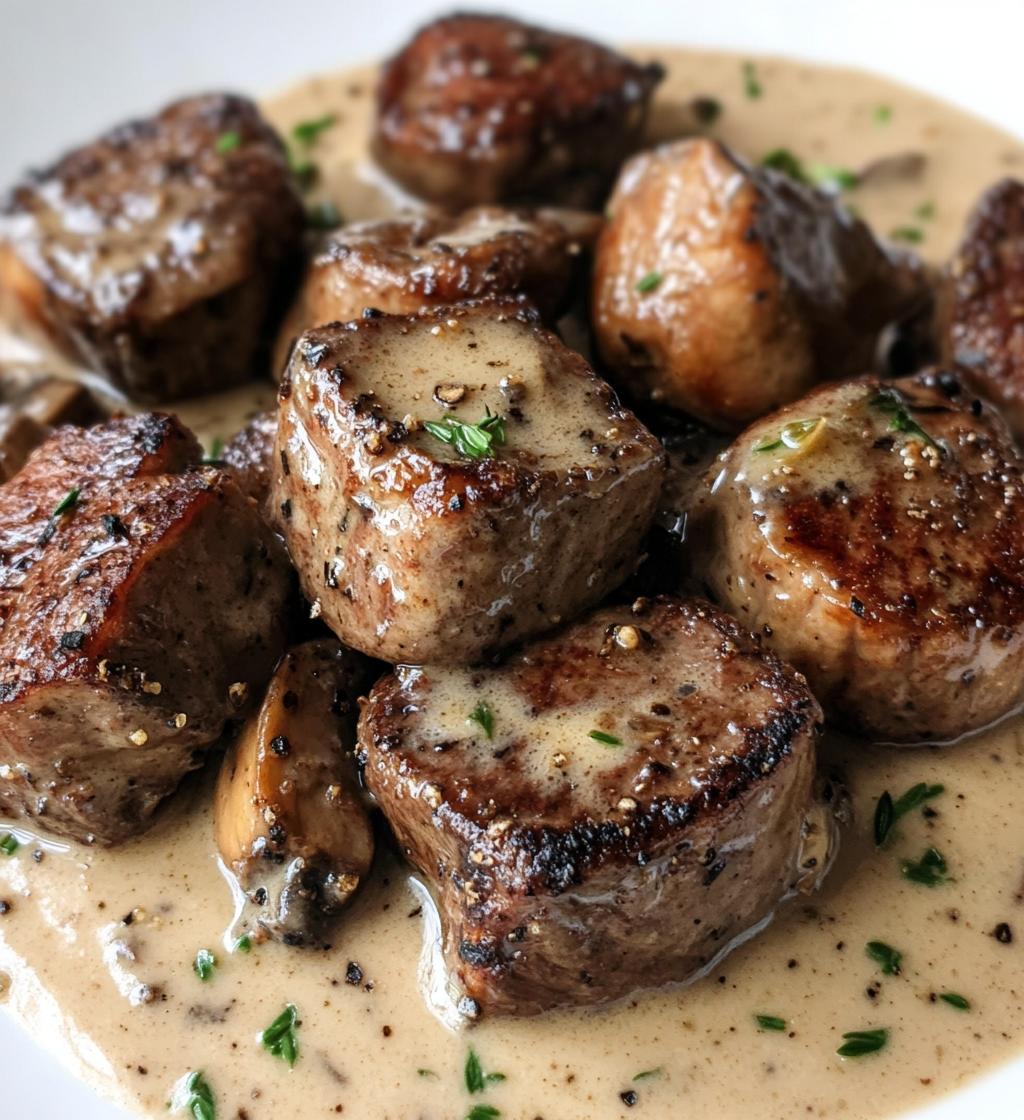 Tender steak bites in creamy garlic mushroom sauce - detail 1