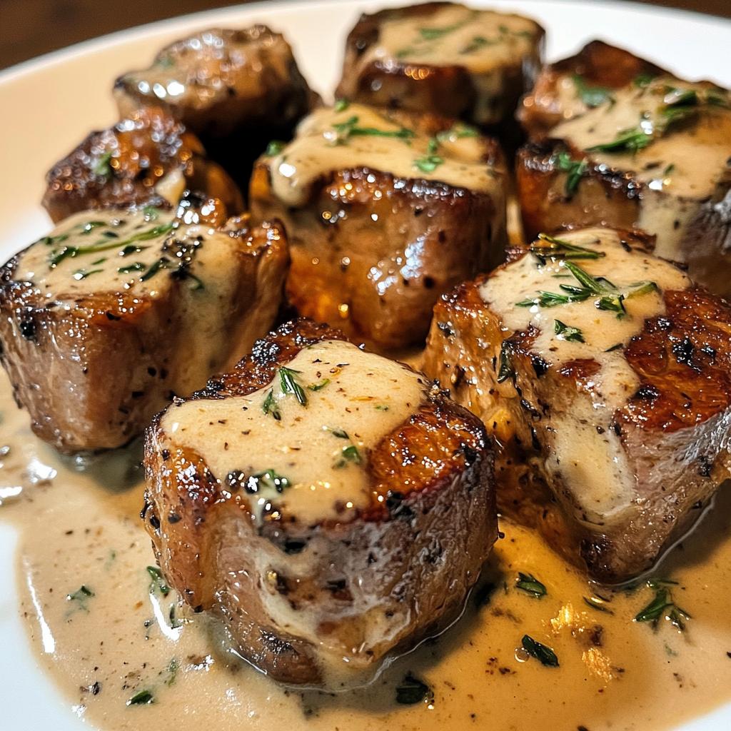 Tender steak bites in creamy garlic mushroom sauce
