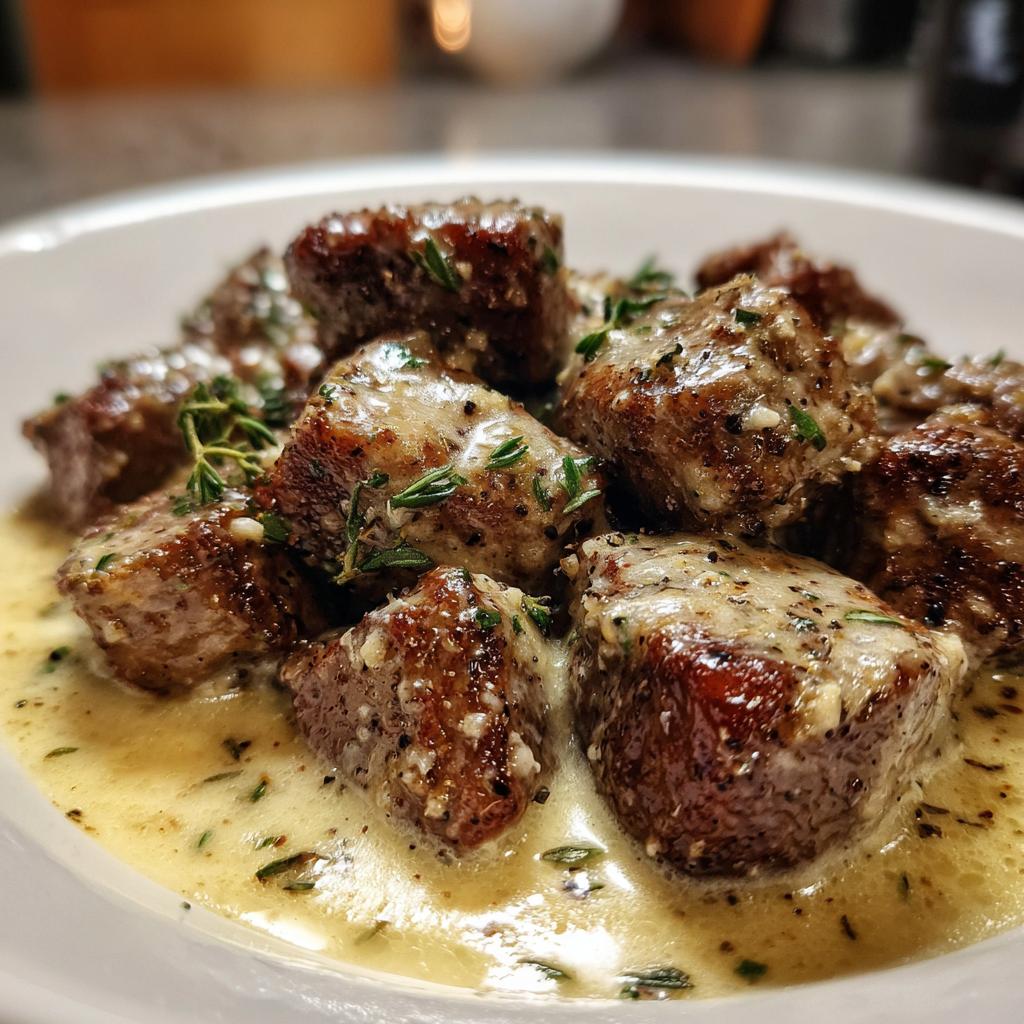Tender steak cubes in tempting parmesan cream sauce
