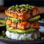 Teriyaki Salmon Avocado Rice Stack