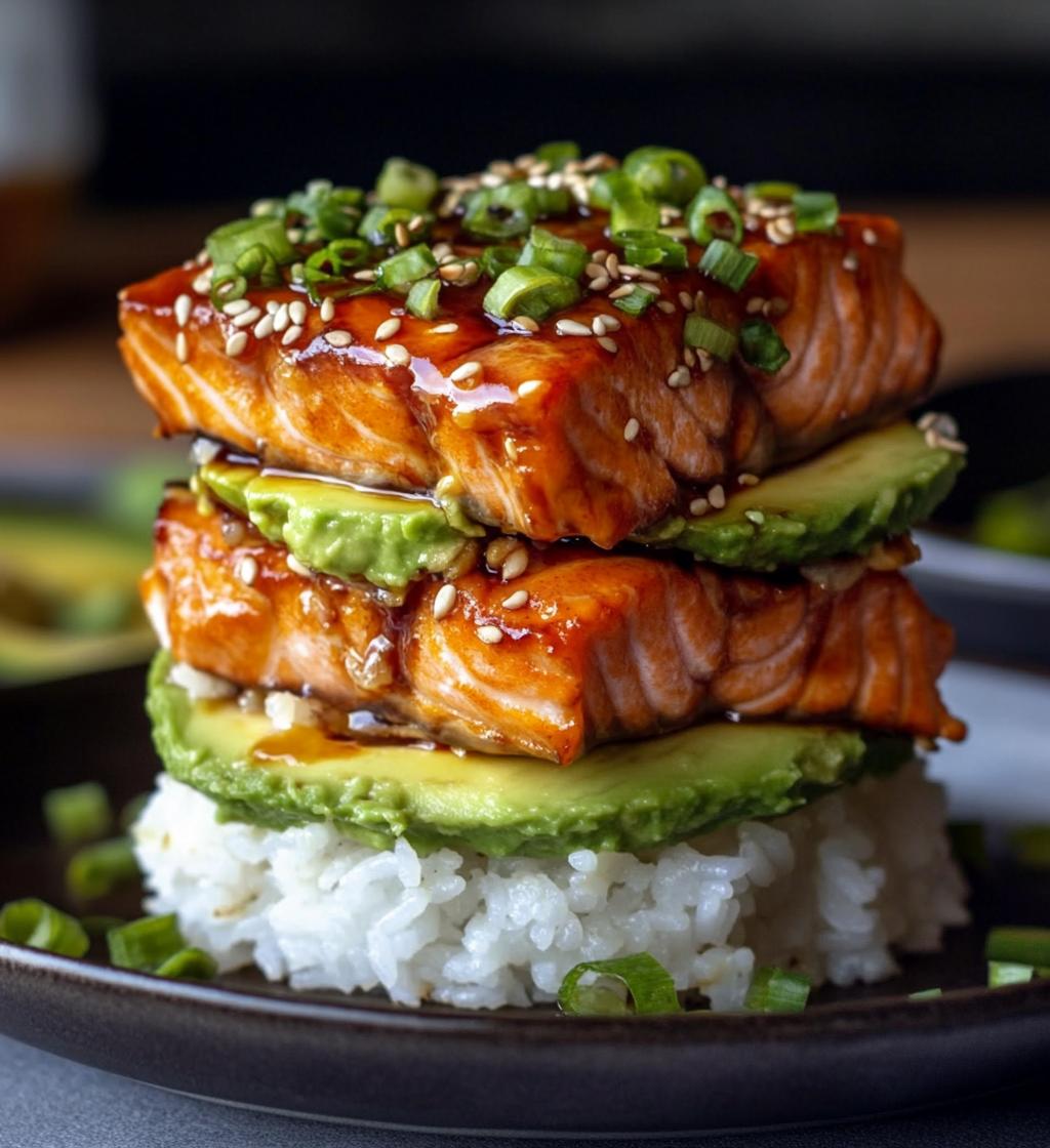 Teriyaki Salmon Avocado Rice Stack