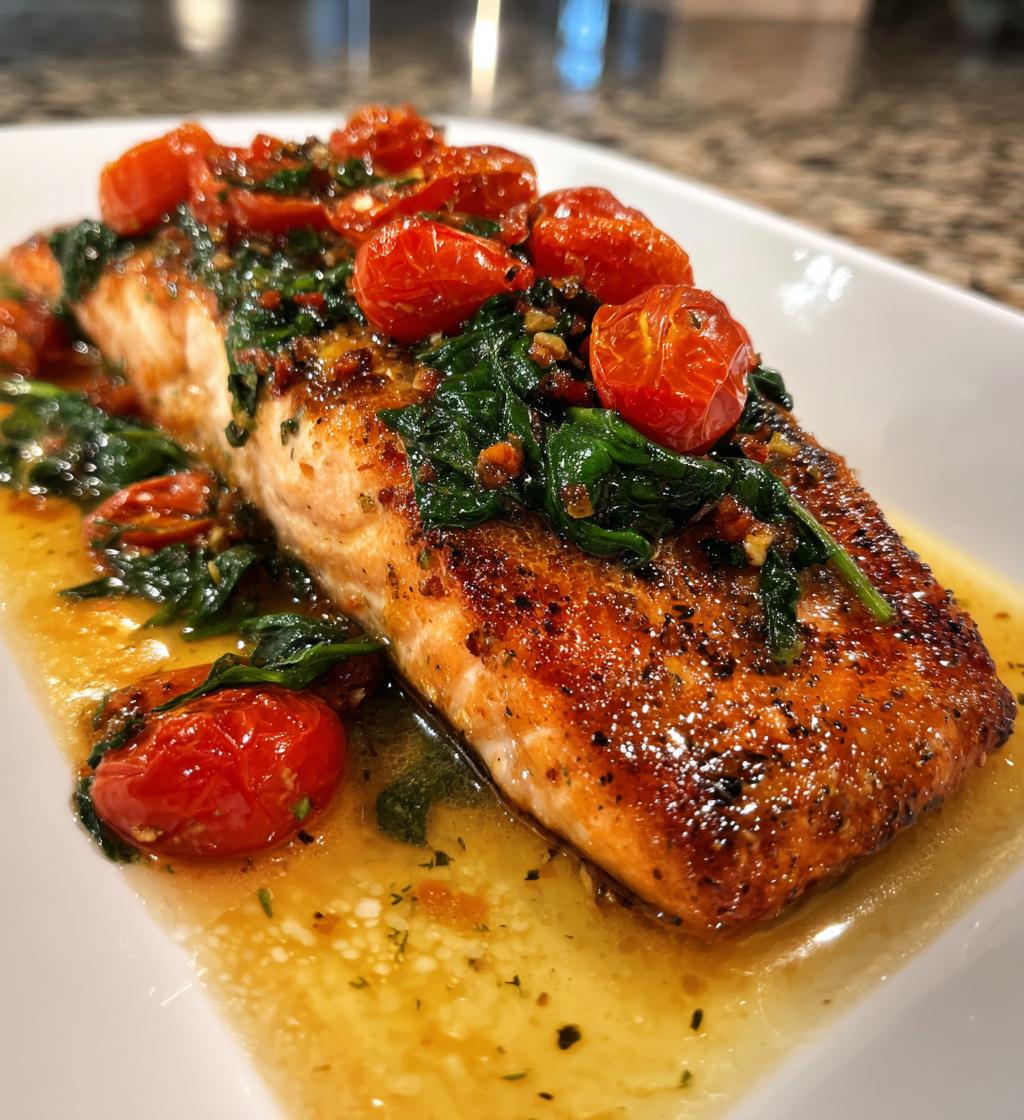 Tuscan Garlic Salmon with Spinach and Tomato Recipe