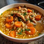 comfort chicken pearl couscous soup recipe