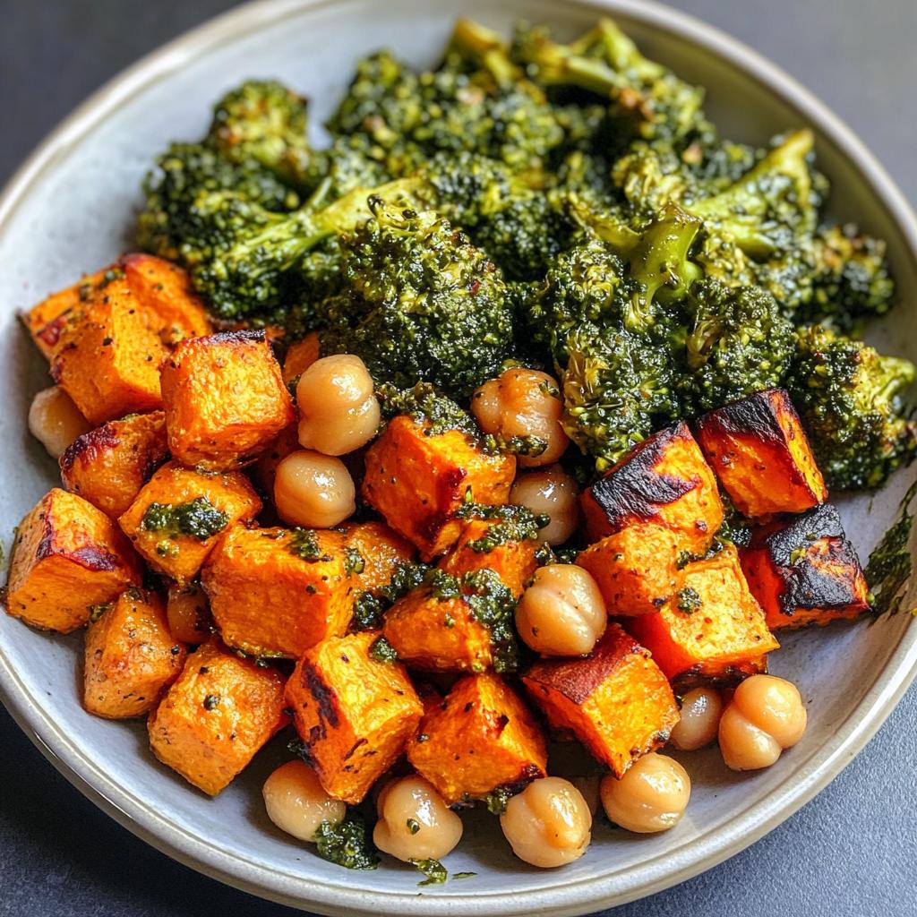 elegant roasted sweet potatoes chickpeas broccoli pesto