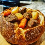 hearty beef stew in bread bowls