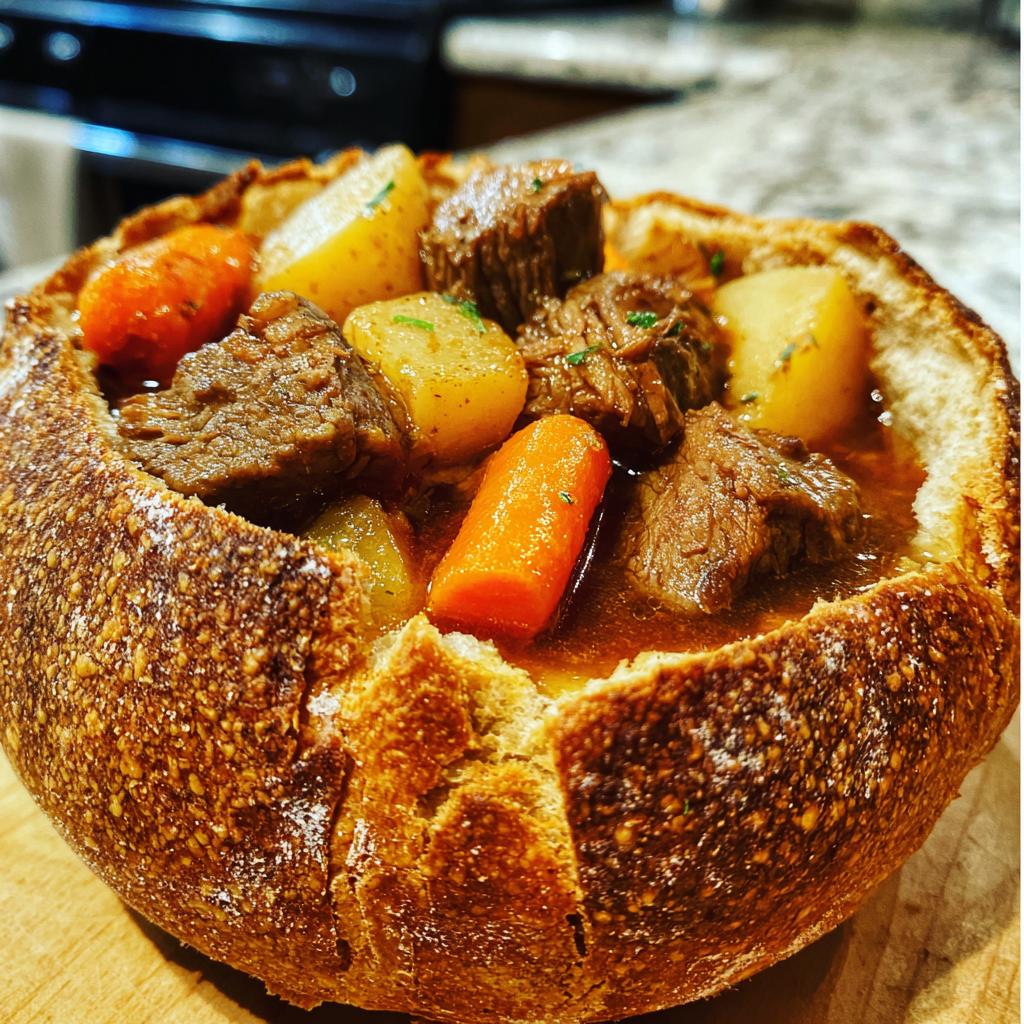 hearty beef stew in bread bowls