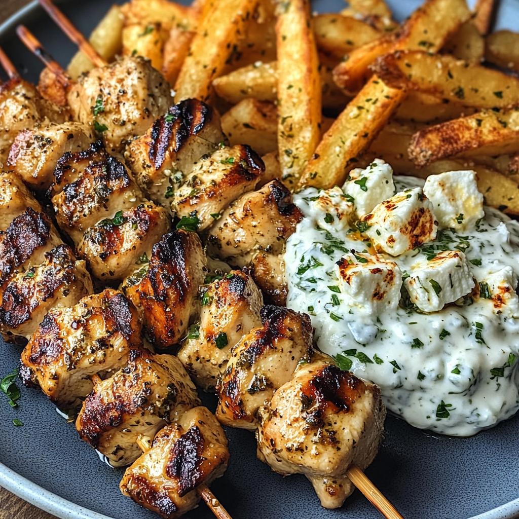 tzatziki chicken skewers crispy herb feta fries