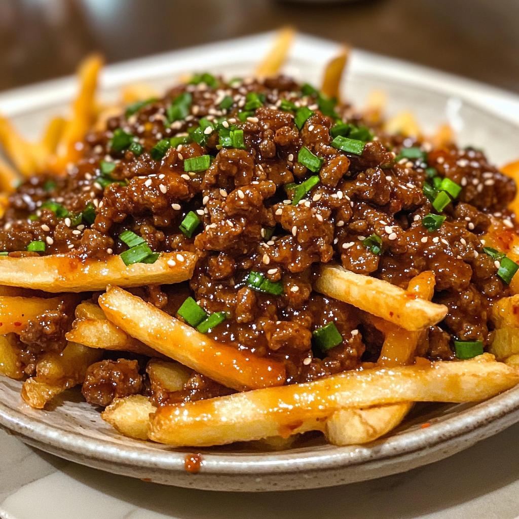 A Korean-style ground beef dish featuring tender and flavorful ground beef covered in a glaze, served with French fries.