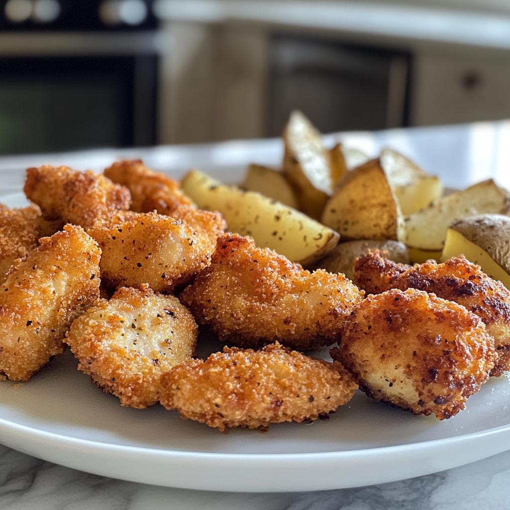 Air Fryer Chicken Nuggets with Garlic Potato Wedges