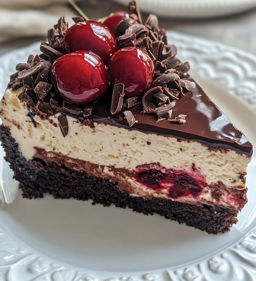 Black Forest Cheesecake, featuring a slice with visible layers of chocolate cookie crust