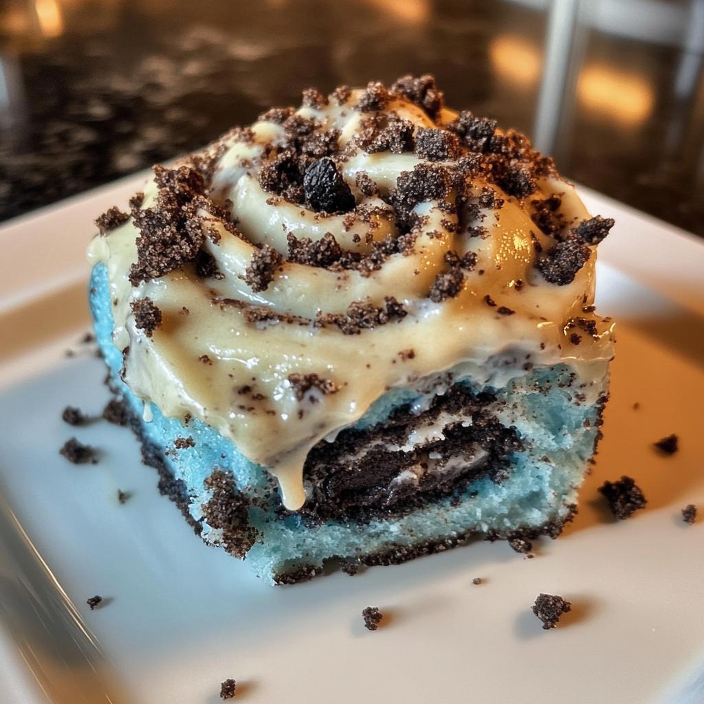 Blue Cookie Monster Cinnamon Rolls with Oreo Crumbles and Creamy Icing