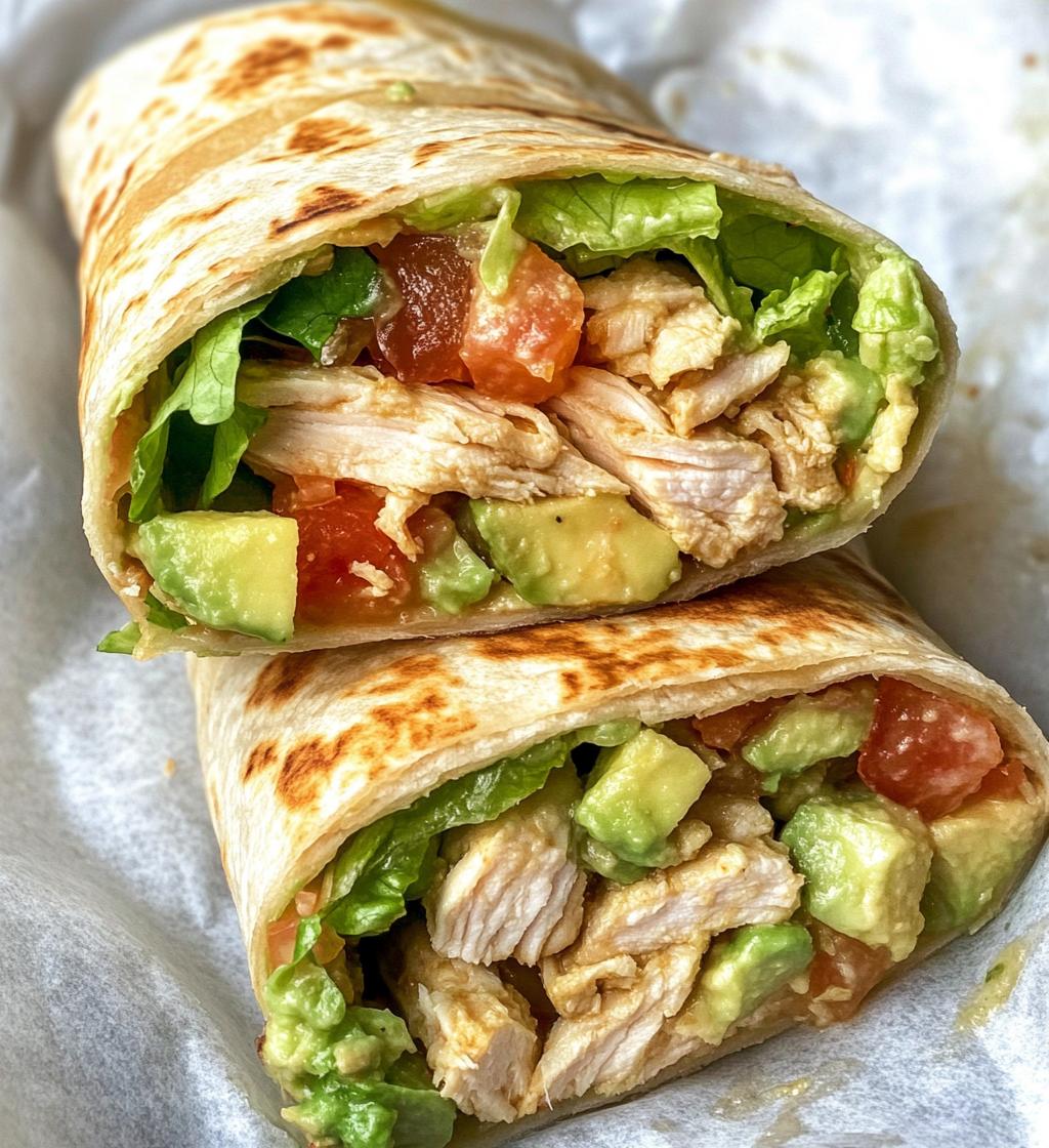 Chicken Avocado Wrap, featuring a freshly cut half wrap with layers of shredded chicken