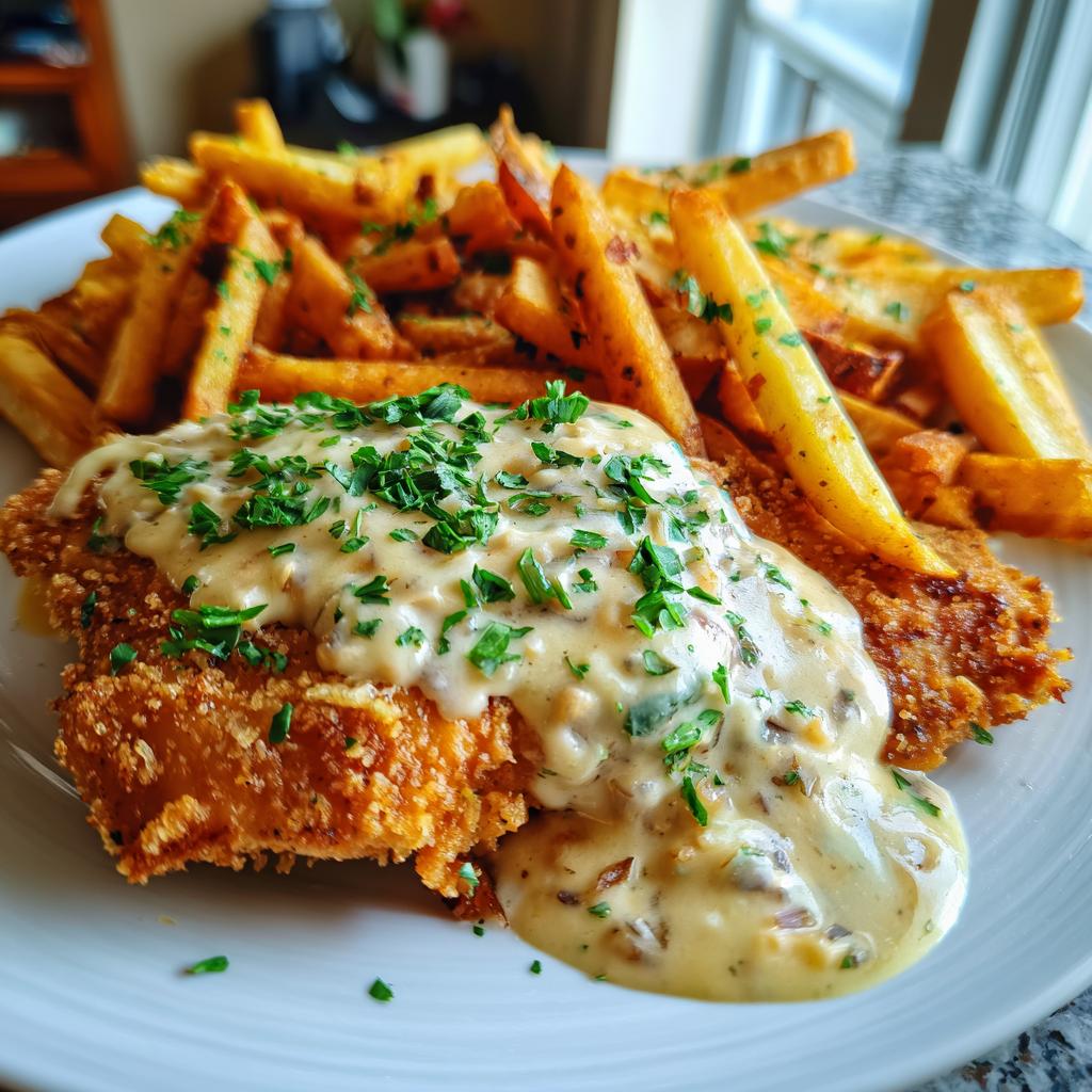 Chicken Fillet in Spicy, Creamy Garlic-Parmesan Sauce with Fries, featuring a golden-brown chicken fillet generously coated in a thick