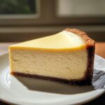Classic New York Cheesecake, featuring a perfectly sliced piece displaying its creamy