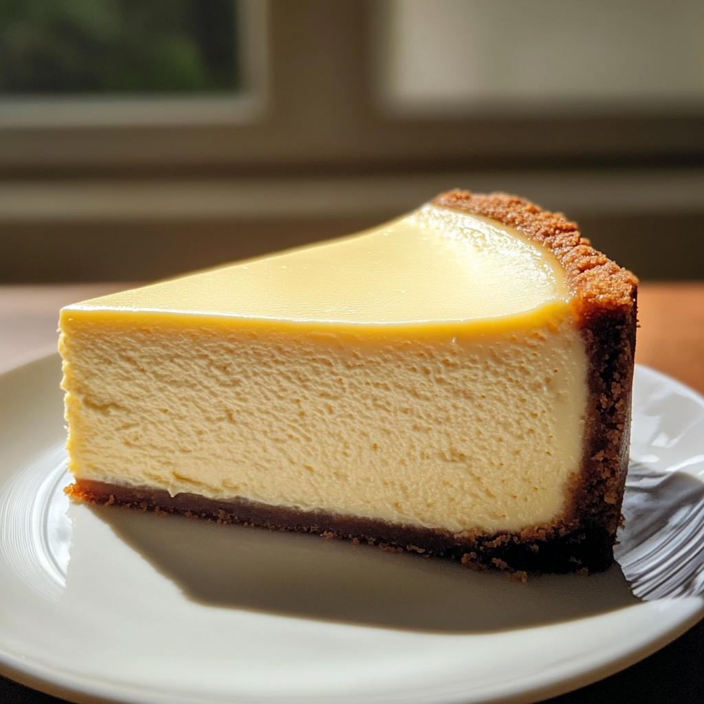 Classic New York Cheesecake, featuring a perfectly sliced piece displaying its creamy