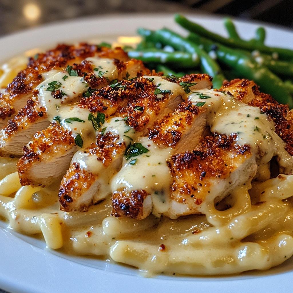 Coconut-Lemon Chicken Alfredo with Chili Feta Cream & Crispy Parmesan Green Beans