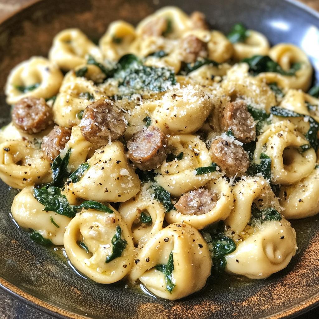 Creamy Garlic Butter Beef Tortellini with Italian Sausage & Spinach