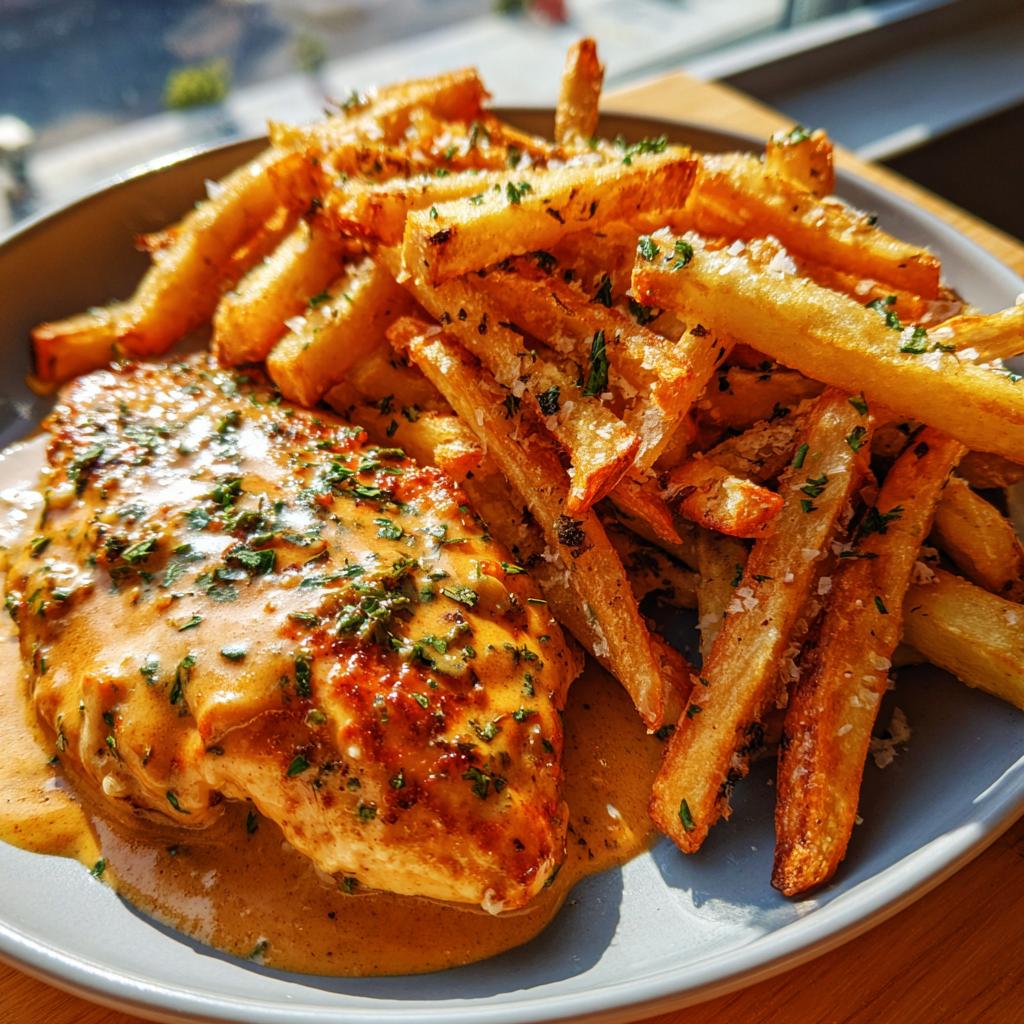 Creamy Garlic Butter Chicken with Crispy Parmesan Fries