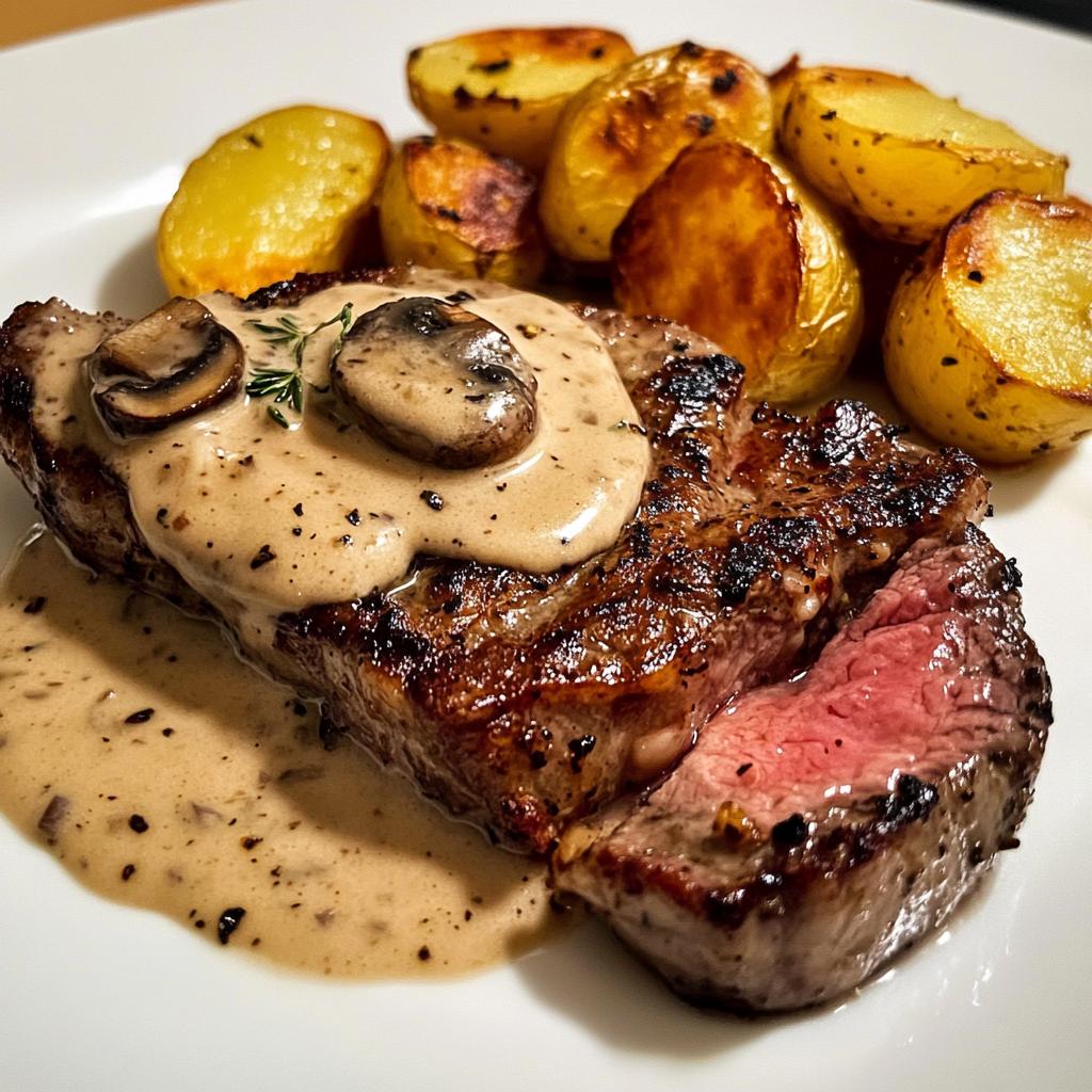 Creamy Mushroom Steak with Roasted Potatoes