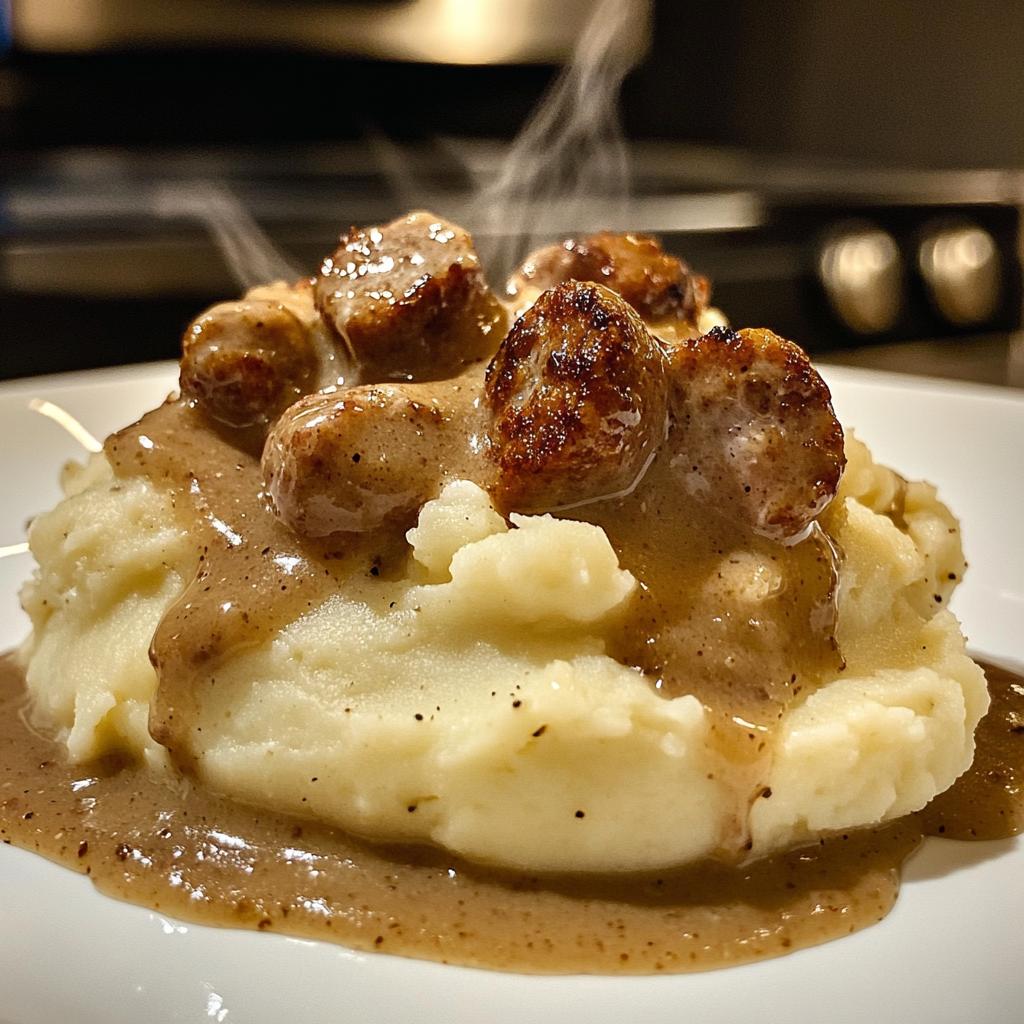 Creamy Roasted Garlic Mashed Potatoes with Savory Sausage Gravy