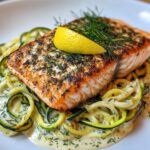 Crispy Lemon Dill Salmon Alfredo with Charred Zucchini Noodles.