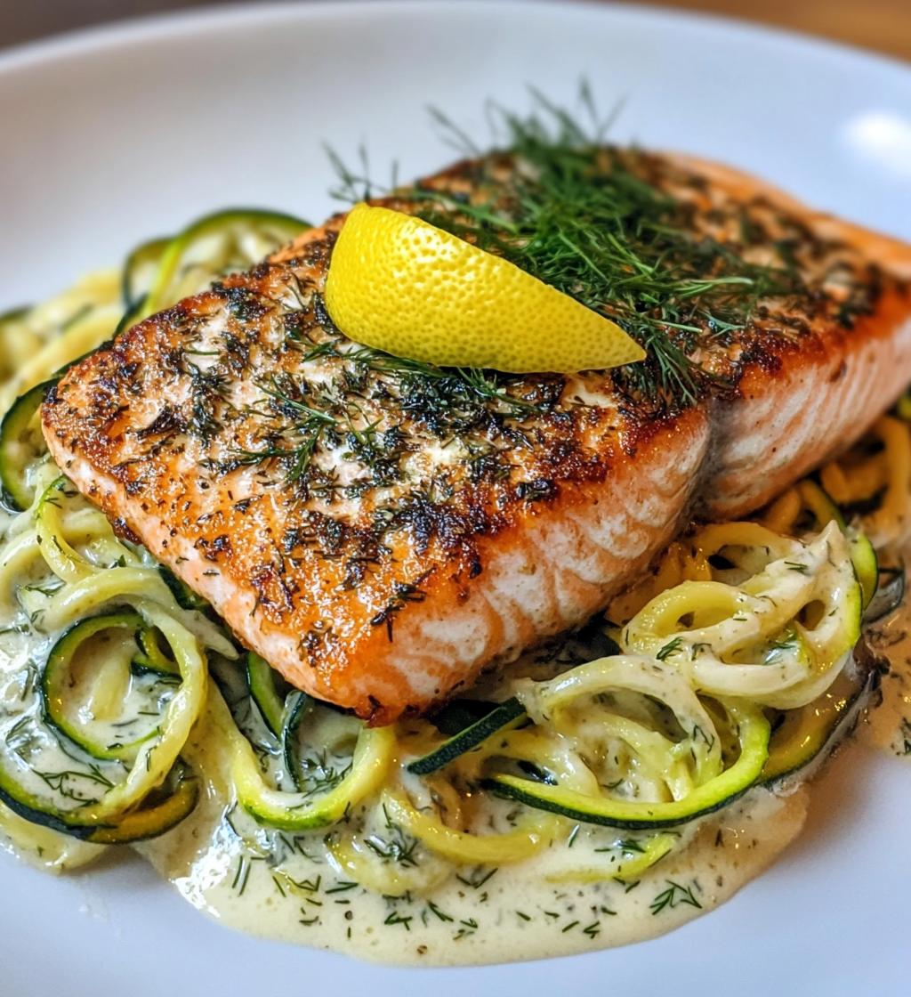 Crispy Lemon Dill Salmon Alfredo with Charred Zucchini Noodles.