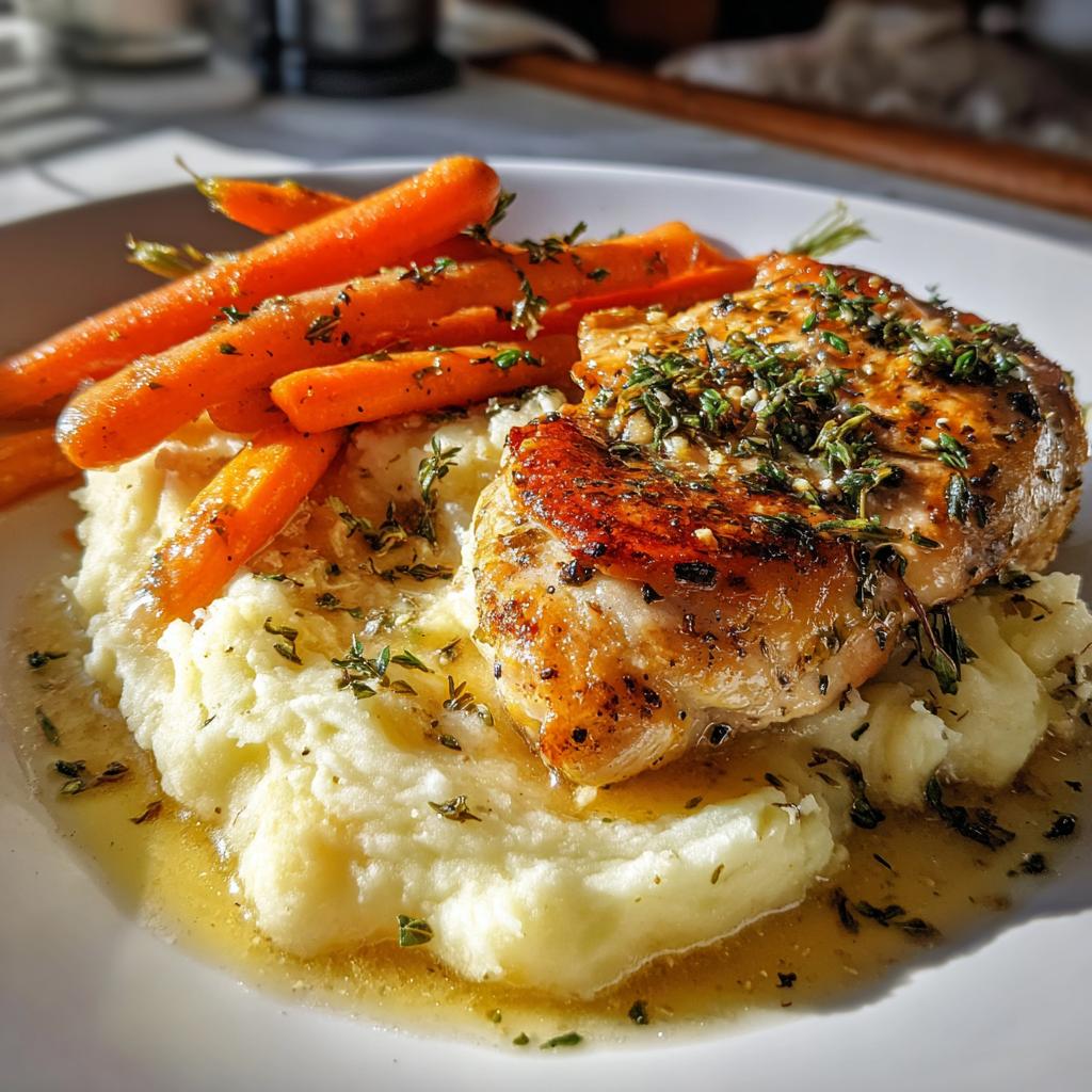 Garlic Herb Chicken with Mashed Potatoes and Glazed Carrots