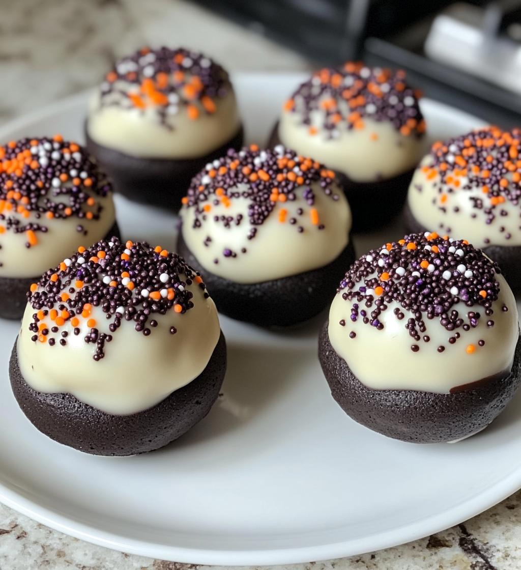 Halloween Oreo Balls, featuring a close-up of chocolate-dipped Oreo balls on a clean white plate