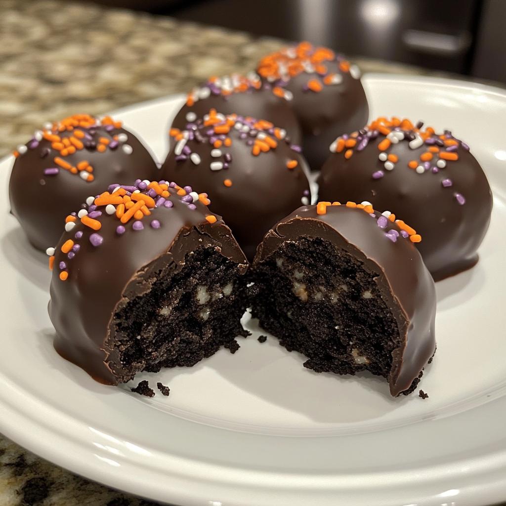 Halloween Oreo Balls, featuring a close-up of chocolate-dipped Oreo balls on a clean white plate