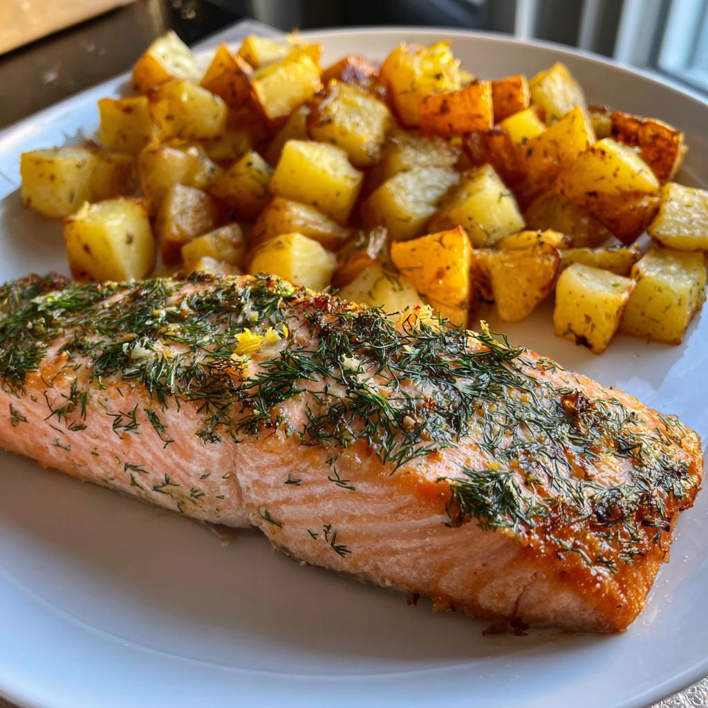 Lemon Dill Salmon with Crispy Potato Cubes