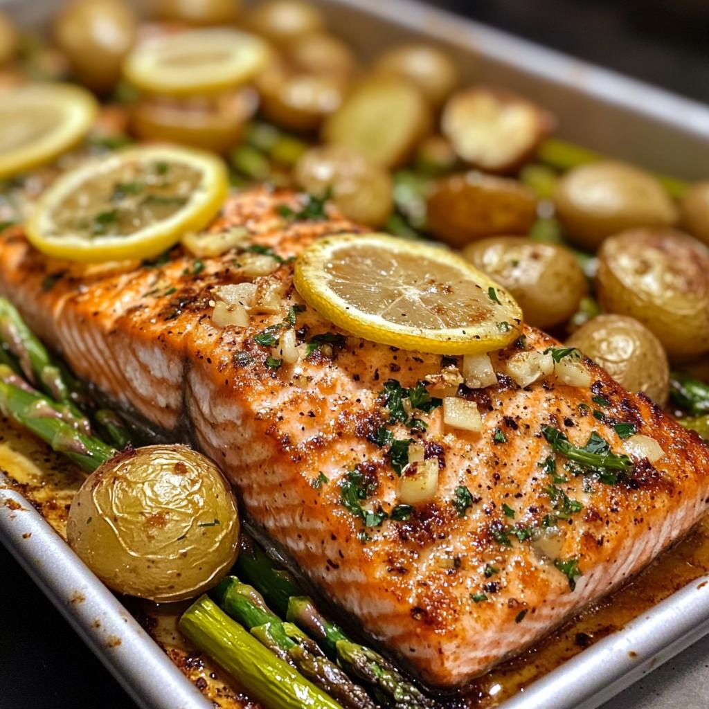 Lemon garlic salmon tray bake – easy & healthy!