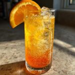 Orange Mocktail Spritzer, featuring a tall glass filled with vibrant orange juice and sparkling water,