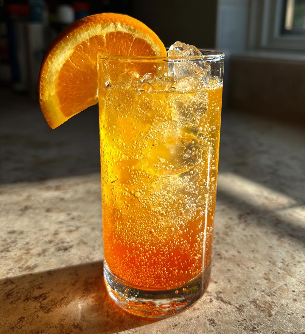 Orange Mocktail Spritzer, featuring a tall glass filled with vibrant orange juice and sparkling water,