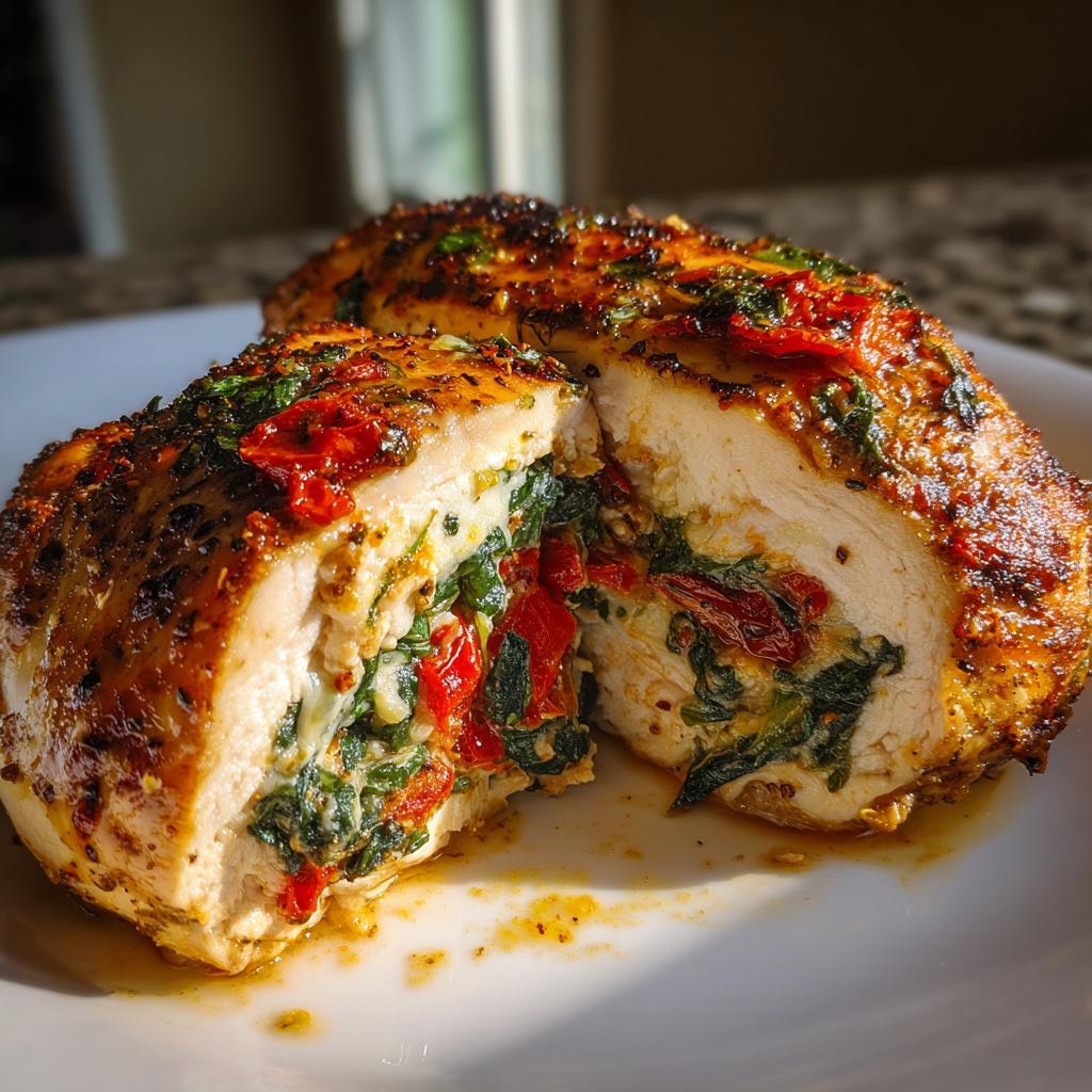 Roasted Red Pepper Spinach Mozzarella Stuffed Chicken