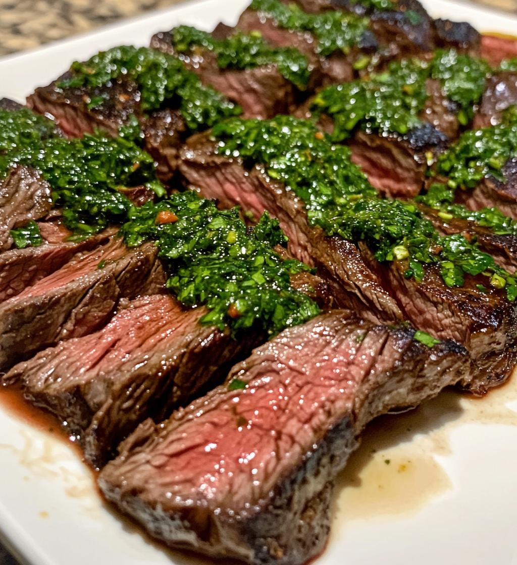 Skirt Steak with Chimichurri, featuring a perfectly seared medium-rare skirt steak sliced into thick