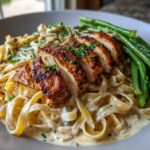 Smoky Paprika Chicken Alfredo with Lemon Feta Cream and Grilled Green Beans